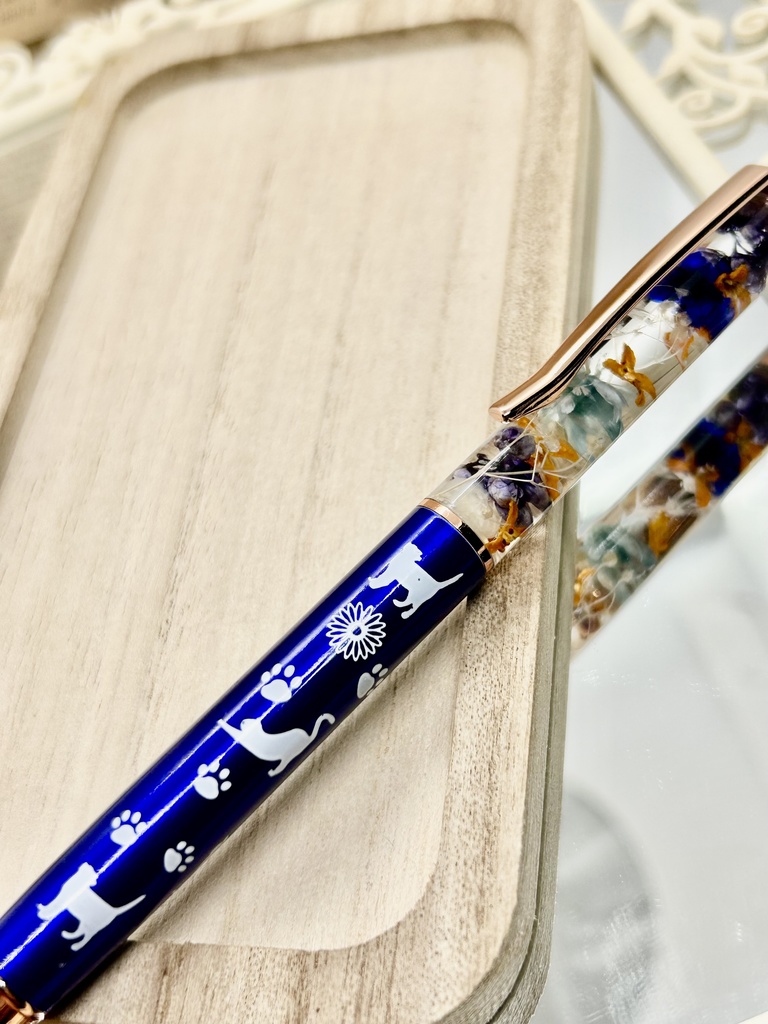⑪猫柄ハーバリウムボールペン本体メタリックブルー×オレンジ水色金木犀入りハンドメイドドライフラワー文房具筆記用具プレゼント推し色