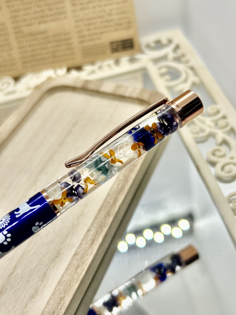 ⑪猫柄ハーバリウムボールペン本体メタリックブルー×オレンジ水色金木犀入りハンドメイドドライフラワー文房具筆記用具プレゼント推し色