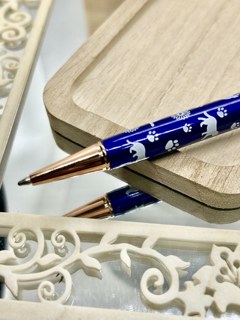 ⑪猫柄ハーバリウムボールペン本体メタリックブルー×オレンジ水色金木犀入りハンドメイドドライフラワー文房具筆記用具プレゼント推し色