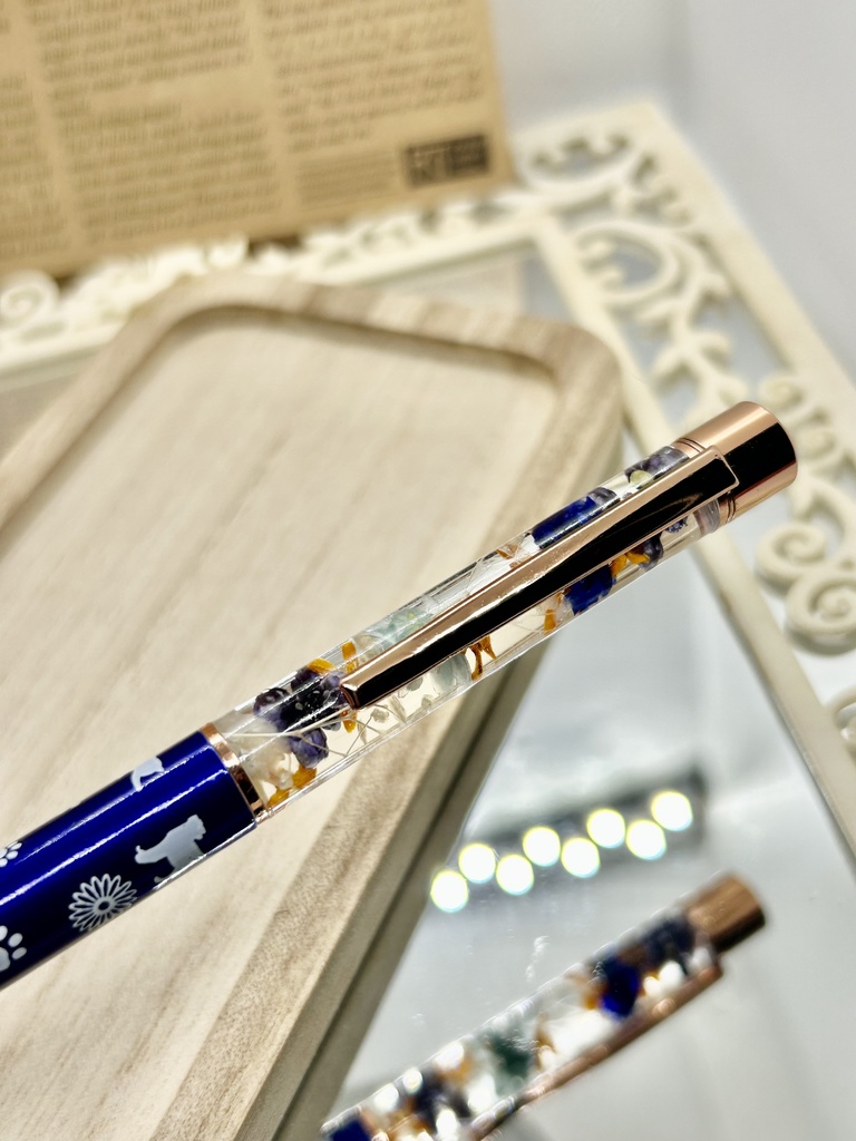 ⑪猫柄ハーバリウムボールペン本体メタリックブルー×オレンジ水色金木犀入りハンドメイドドライフラワー文房具筆記用具プレゼント推し色