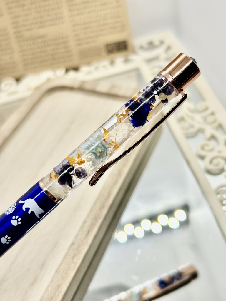 ⑪猫柄ハーバリウムボールペン本体メタリックブルー×オレンジ水色金木犀入りハンドメイドドライフラワー文房具筆記用具プレゼント推し色