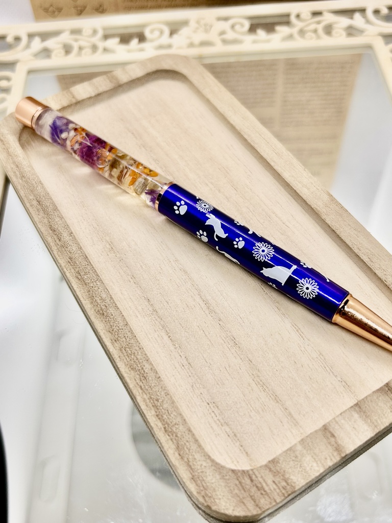 ⑫猫柄ハーバリウムボールペン本体メタリックパープル×オレンジ紫金木犀入りハンドメイドドライフラワー文房具筆記用具プレゼント推し色