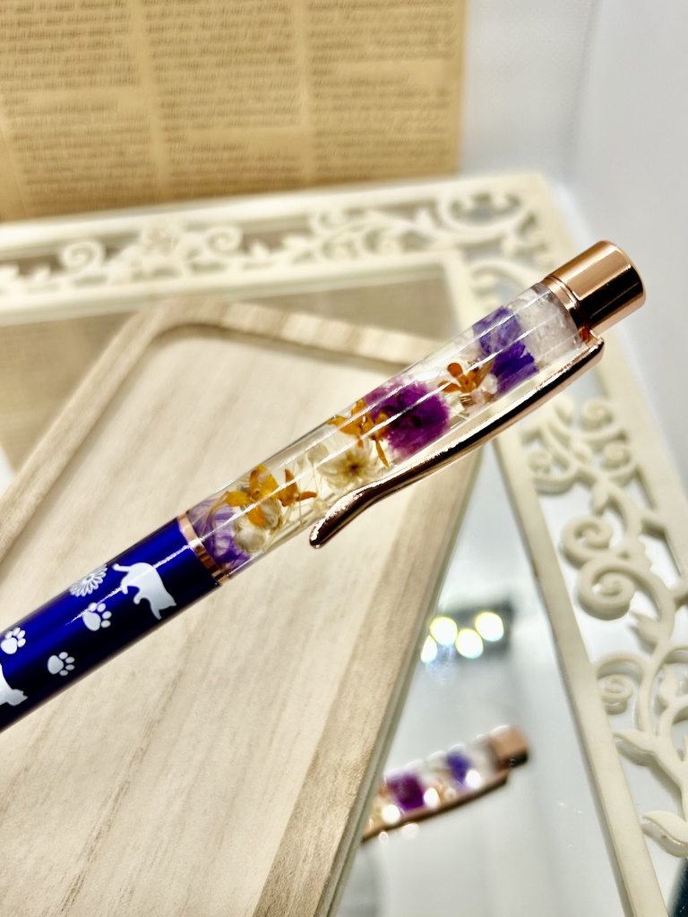 ⑫猫柄ハーバリウムボールペン本体メタリックパープル×オレンジ紫金木犀入りハンドメイドドライフラワー文房具筆記用具プレゼント推し色