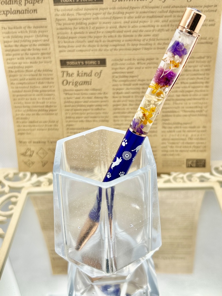 ⑫猫柄ハーバリウムボールペン本体メタリックパープル×オレンジ紫金木犀入りハンドメイドドライフラワー文房具筆記用具プレゼント推し色