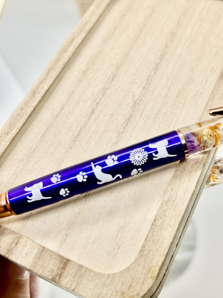 ⑫猫柄ハーバリウムボールペン本体メタリックパープル×オレンジ紫金木犀入りハンドメイドドライフラワー文房具筆記用具プレゼント推し色