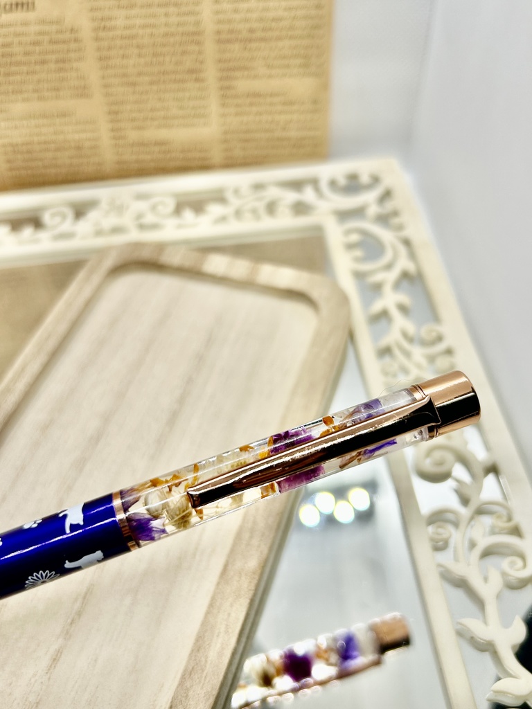 ⑫猫柄ハーバリウムボールペン本体メタリックパープル×オレンジ紫金木犀入りハンドメイドドライフラワー文房具筆記用具プレゼント推し色