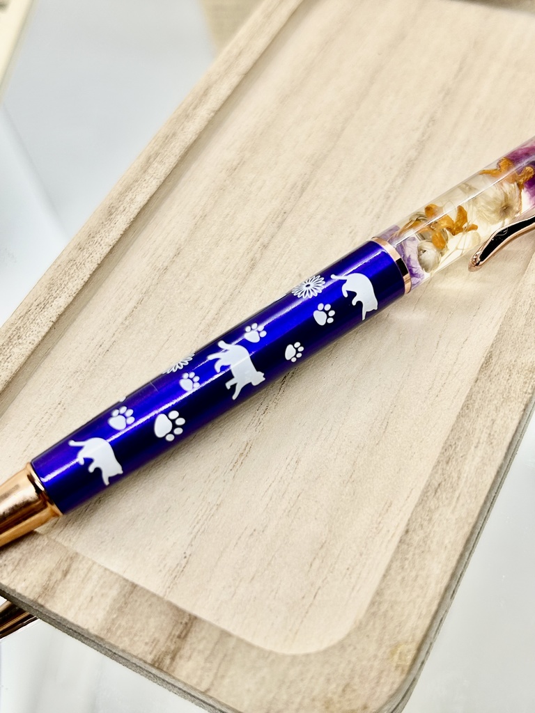 ⑫猫柄ハーバリウムボールペン本体メタリックパープル×オレンジ紫金木犀入りハンドメイドドライフラワー文房具筆記用具プレゼント推し色