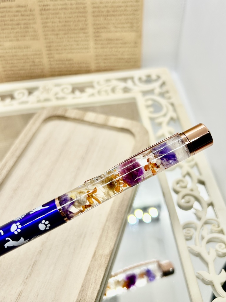 ⑫猫柄ハーバリウムボールペン本体メタリックパープル×オレンジ紫金木犀入りハンドメイドドライフラワー文房具筆記用具プレゼント推し色