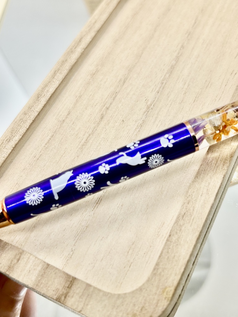 ⑫猫柄ハーバリウムボールペン本体メタリックパープル×オレンジ紫金木犀入りハンドメイドドライフラワー文房具筆記用具プレゼント推し色
