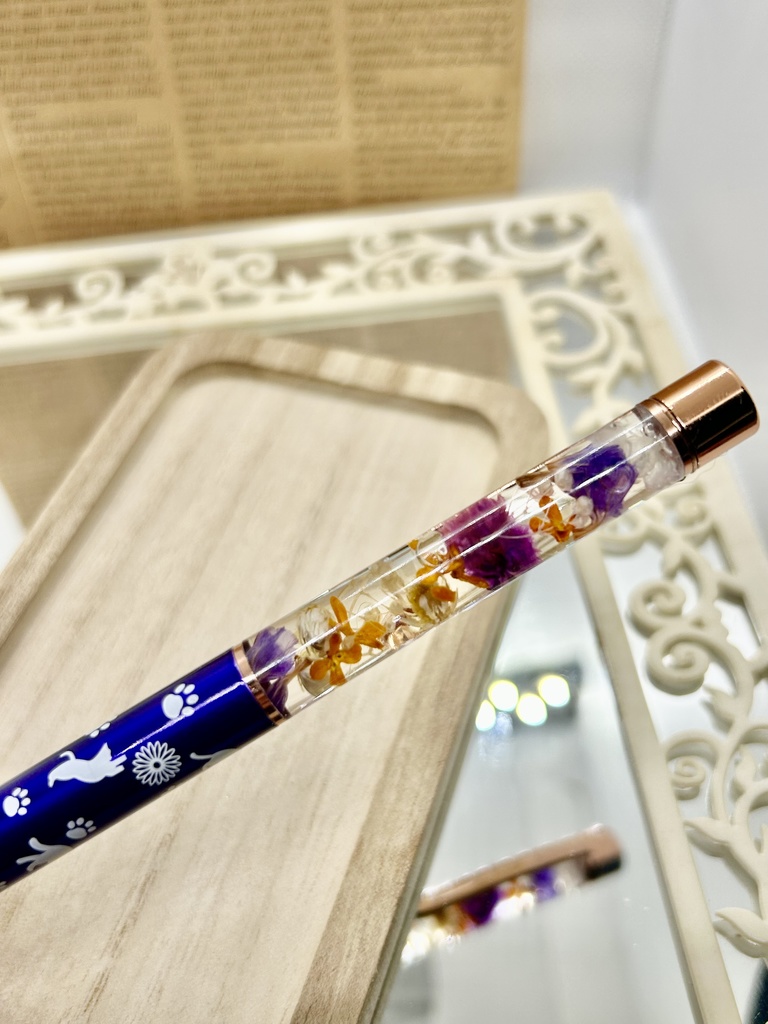 ⑫猫柄ハーバリウムボールペン本体メタリックパープル×オレンジ紫金木犀入りハンドメイドドライフラワー文房具筆記用具プレゼント推し色