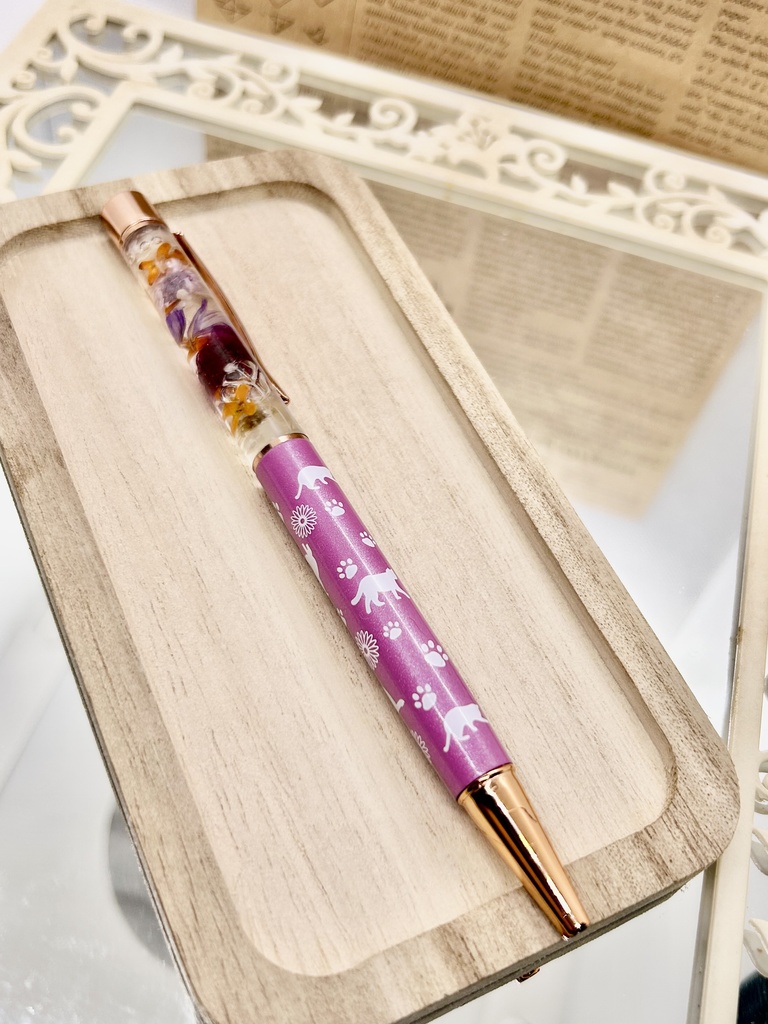 ⑬猫柄ハーバリウムボールペン本体薄紫×オレンジ紫金木犀入りハンドメイドドライフラワー文房具筆記用具プレゼント推し色