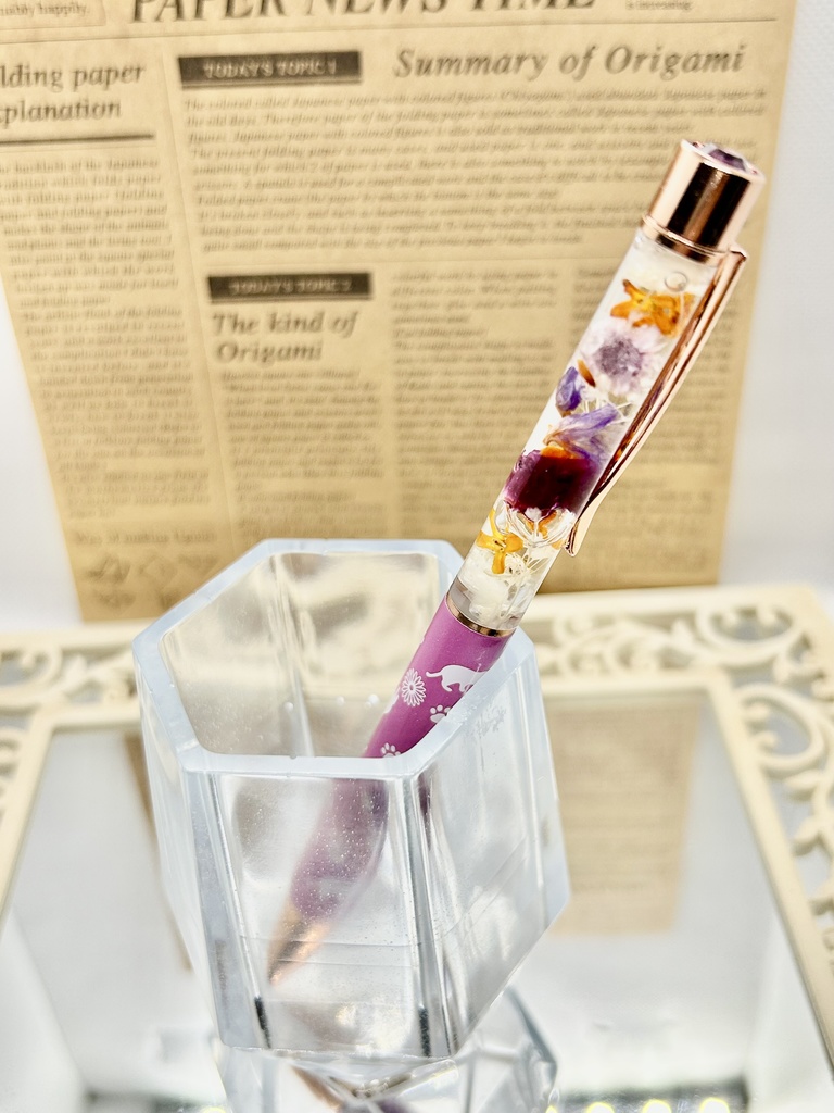 ⑬猫柄ハーバリウムボールペン本体薄紫×オレンジ紫金木犀入りハンドメイドドライフラワー文房具筆記用具プレゼント推し色