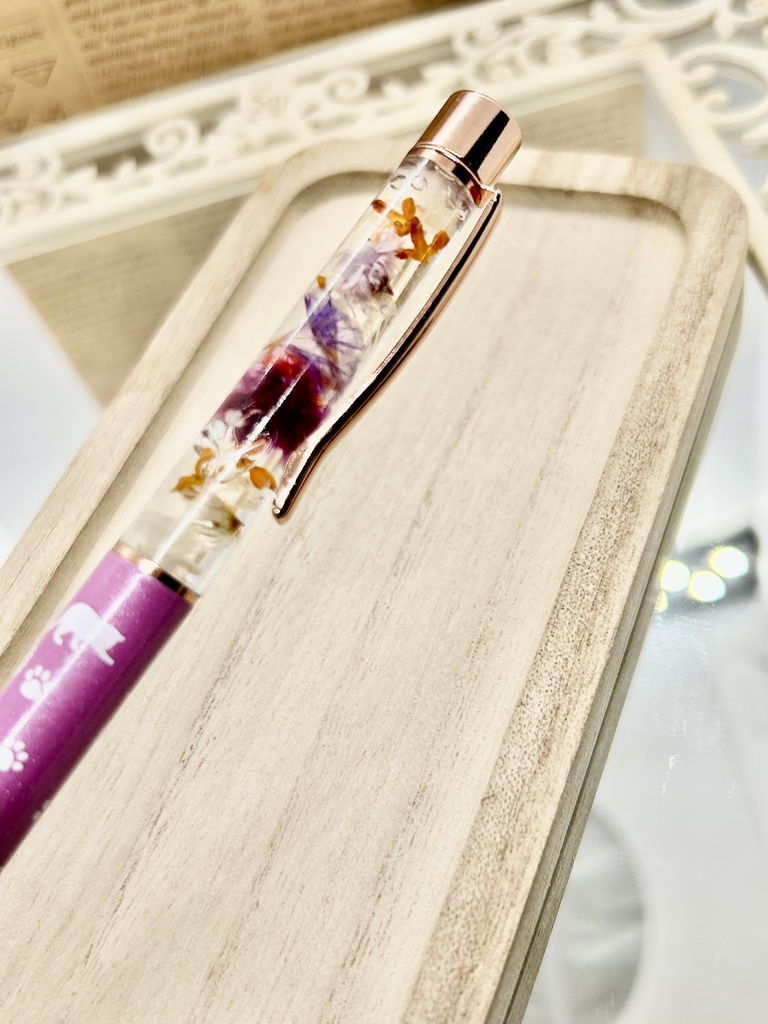 ⑬猫柄ハーバリウムボールペン本体薄紫×オレンジ紫金木犀入りハンドメイドドライフラワー文房具筆記用具プレゼント推し色