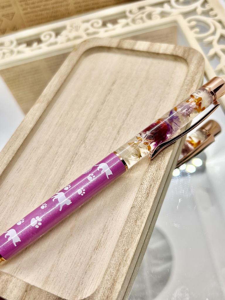 ⑬猫柄ハーバリウムボールペン本体薄紫×オレンジ紫金木犀入りハンドメイドドライフラワー文房具筆記用具プレゼント推し色