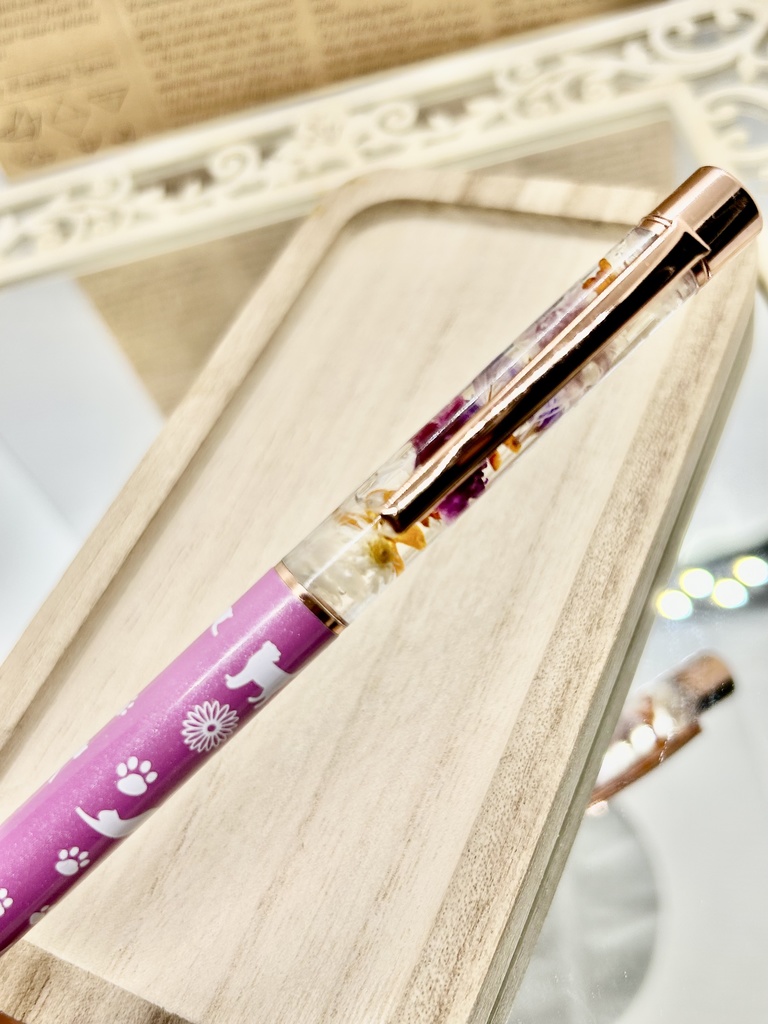 ⑬猫柄ハーバリウムボールペン本体薄紫×オレンジ紫金木犀入りハンドメイドドライフラワー文房具筆記用具プレゼント推し色