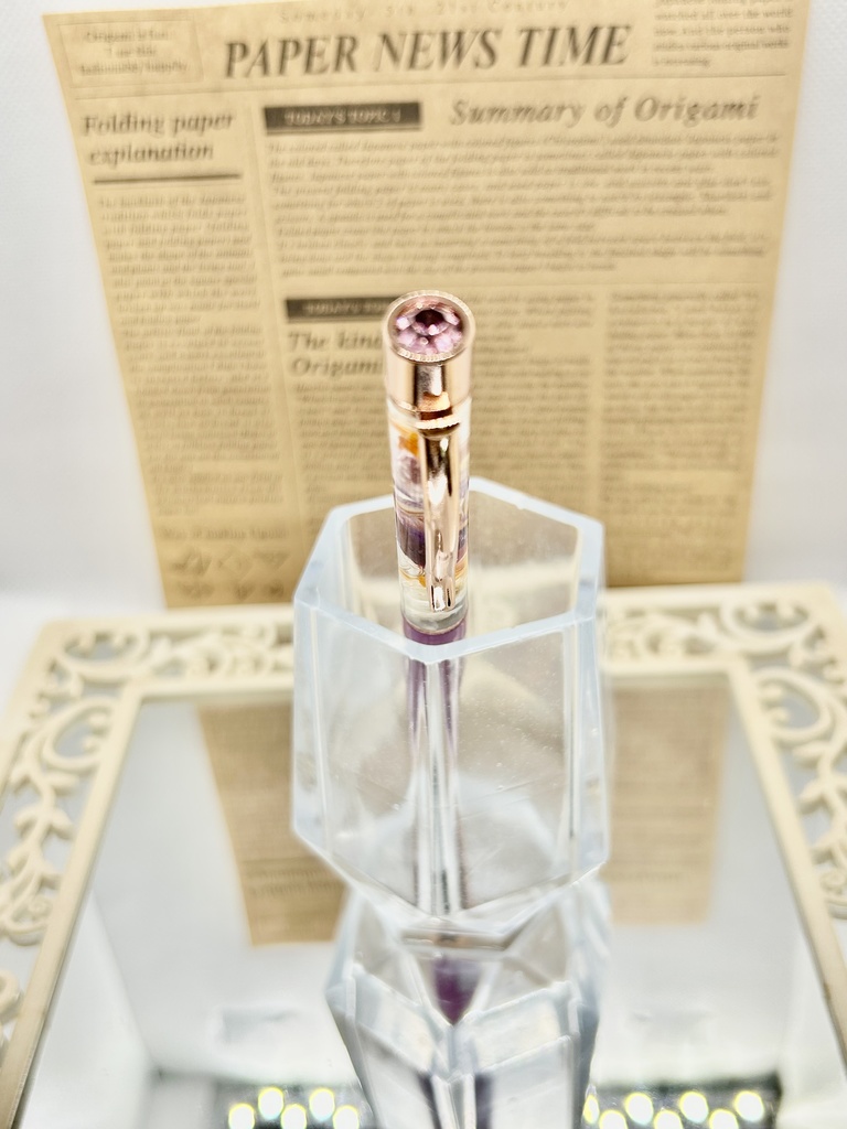 ⑬猫柄ハーバリウムボールペン本体薄紫×オレンジ紫金木犀入りハンドメイドドライフラワー文房具筆記用具プレゼント推し色