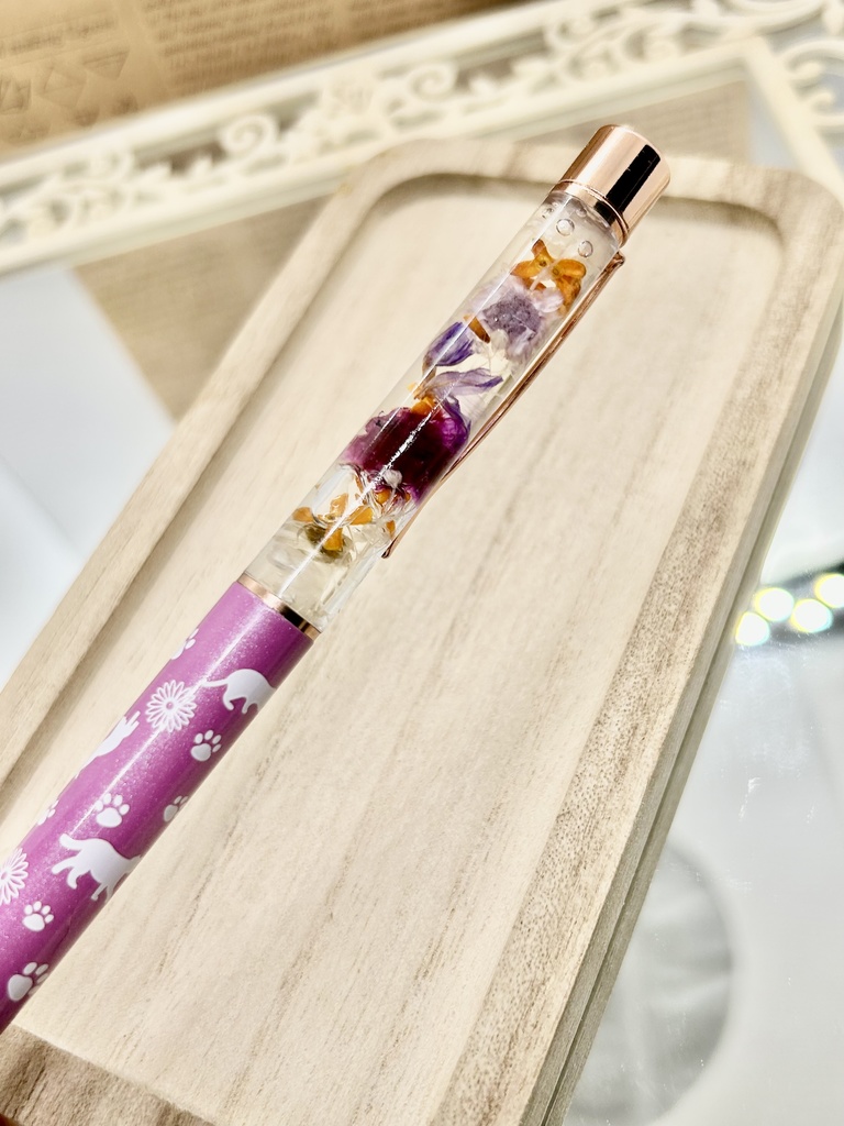 ⑬猫柄ハーバリウムボールペン本体薄紫×オレンジ紫金木犀入りハンドメイドドライフラワー文房具筆記用具プレゼント推し色