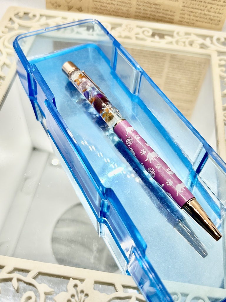 ⑬猫柄ハーバリウムボールペン本体薄紫×オレンジ紫金木犀入りハンドメイドドライフラワー文房具筆記用具プレゼント推し色