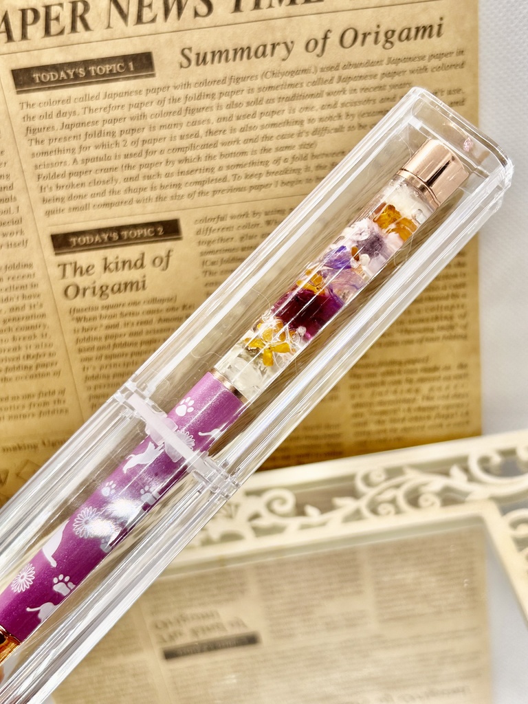⑬猫柄ハーバリウムボールペン本体薄紫×オレンジ紫金木犀入りハンドメイドドライフラワー文房具筆記用具プレゼント推し色