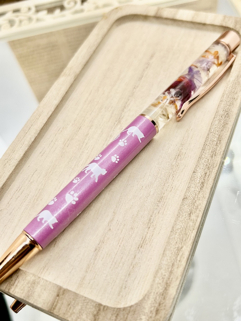 ⑬猫柄ハーバリウムボールペン本体薄紫×オレンジ紫金木犀入りハンドメイドドライフラワー文房具筆記用具プレゼント推し色