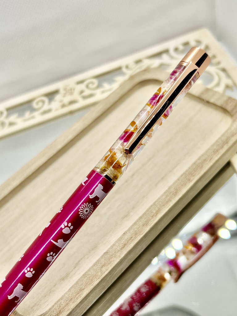 ⑰猫柄ハーバリウムボールペン本体濃いピンク×オレンジ金木犀入りハンドメイドドライフラワー文房具筆記用具プレゼント推し色