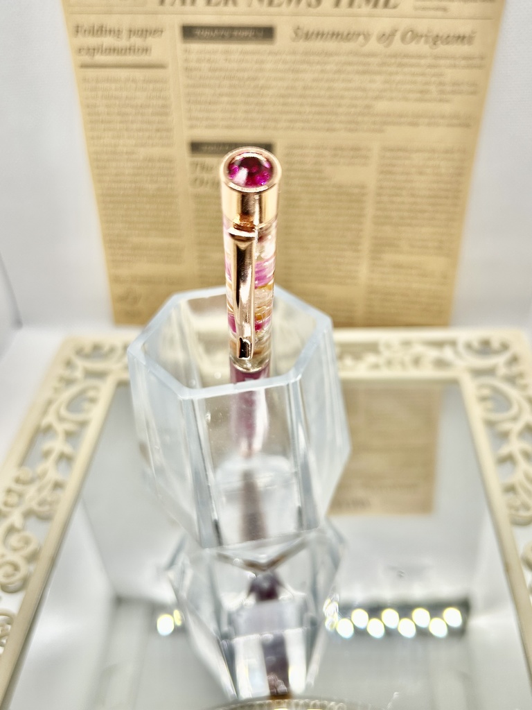 ⑰猫柄ハーバリウムボールペン本体濃いピンク×オレンジ金木犀入りハンドメイドドライフラワー文房具筆記用具プレゼント推し色