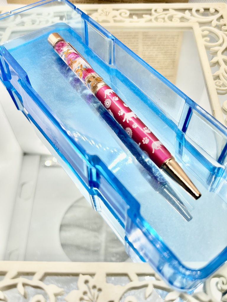 ⑰猫柄ハーバリウムボールペン本体濃いピンク×オレンジ金木犀入りハンドメイドドライフラワー文房具筆記用具プレゼント推し色