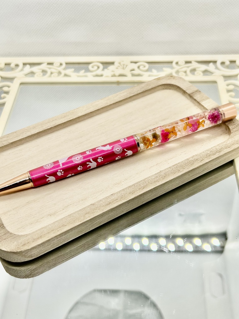 ⑰猫柄ハーバリウムボールペン本体濃いピンク×オレンジ金木犀入りハンドメイドドライフラワー文房具筆記用具プレゼント推し色