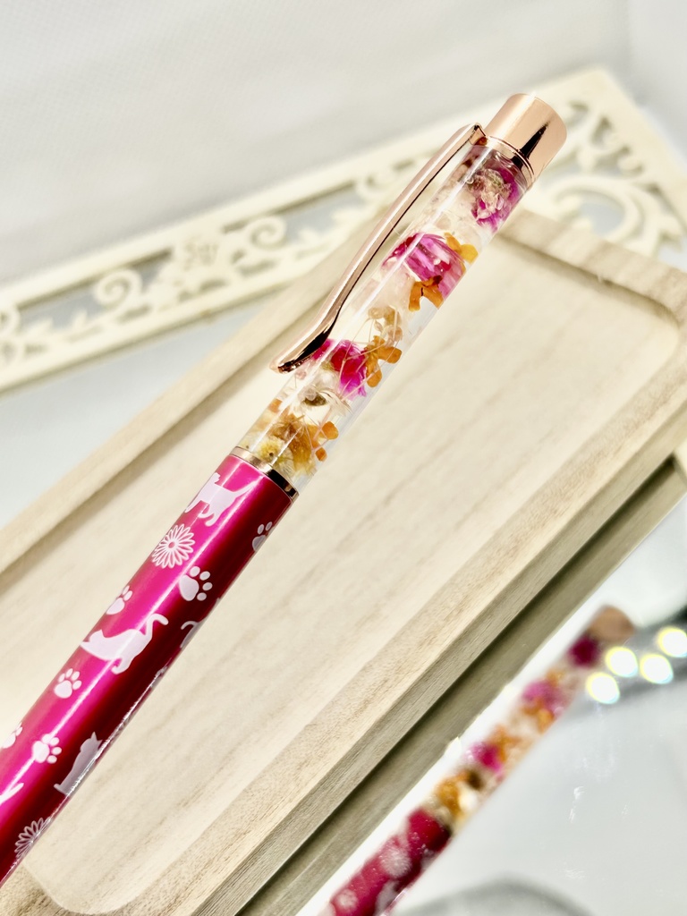⑰猫柄ハーバリウムボールペン本体濃いピンク×オレンジ金木犀入りハンドメイドドライフラワー文房具筆記用具プレゼント推し色