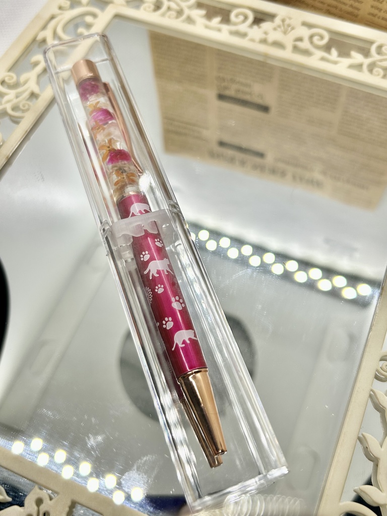 ⑰猫柄ハーバリウムボールペン本体濃いピンク×オレンジ金木犀入りハンドメイドドライフラワー文房具筆記用具プレゼント推し色