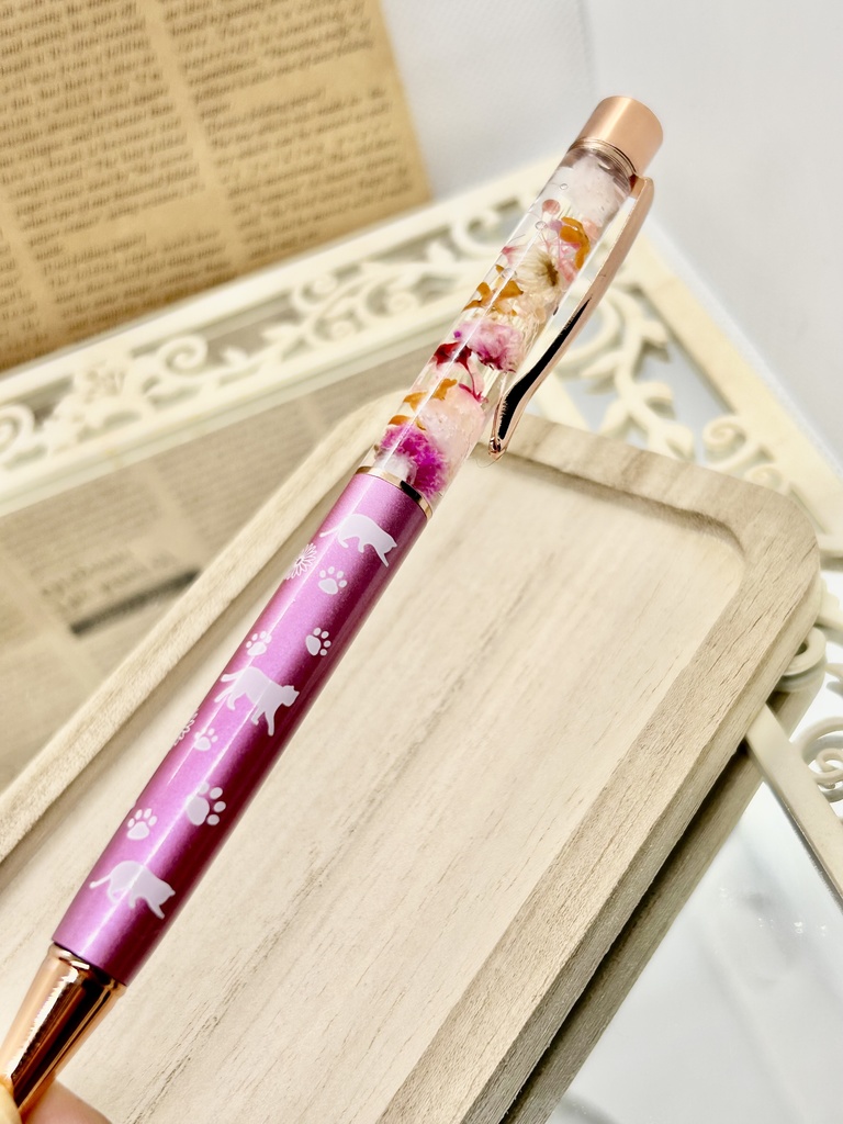 ⑯猫柄ハーバリウムボールペン本体メタリックピンク×オレンジ金木犀入りハンドメイドドライフラワー文房具筆記用具プレゼント推し色