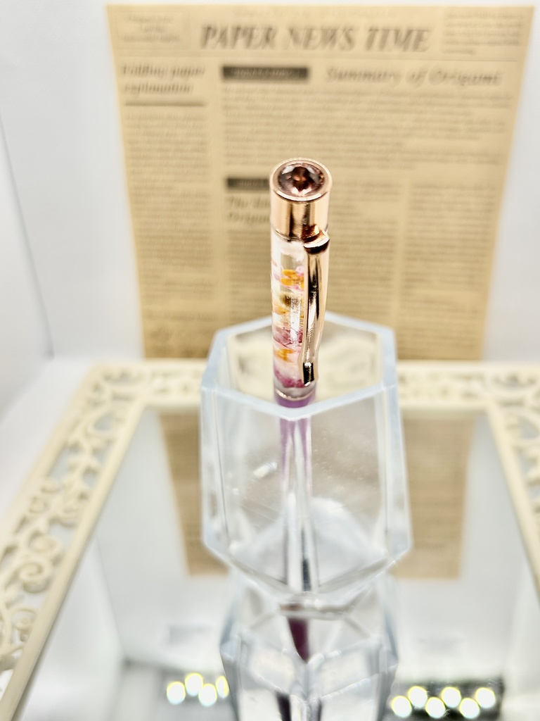 ⑯猫柄ハーバリウムボールペン本体メタリックピンク×オレンジ金木犀入りハンドメイドドライフラワー文房具筆記用具プレゼント推し色