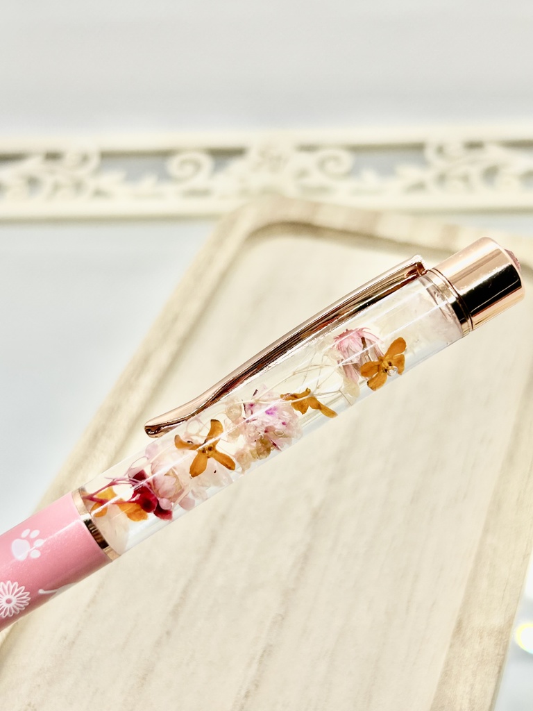 ⑮猫柄ハーバリウムボールペン本体サーモンピンク×オレンジ金木犀入りハンドメイドドライフラワー文房具筆記用具プレゼント推し色