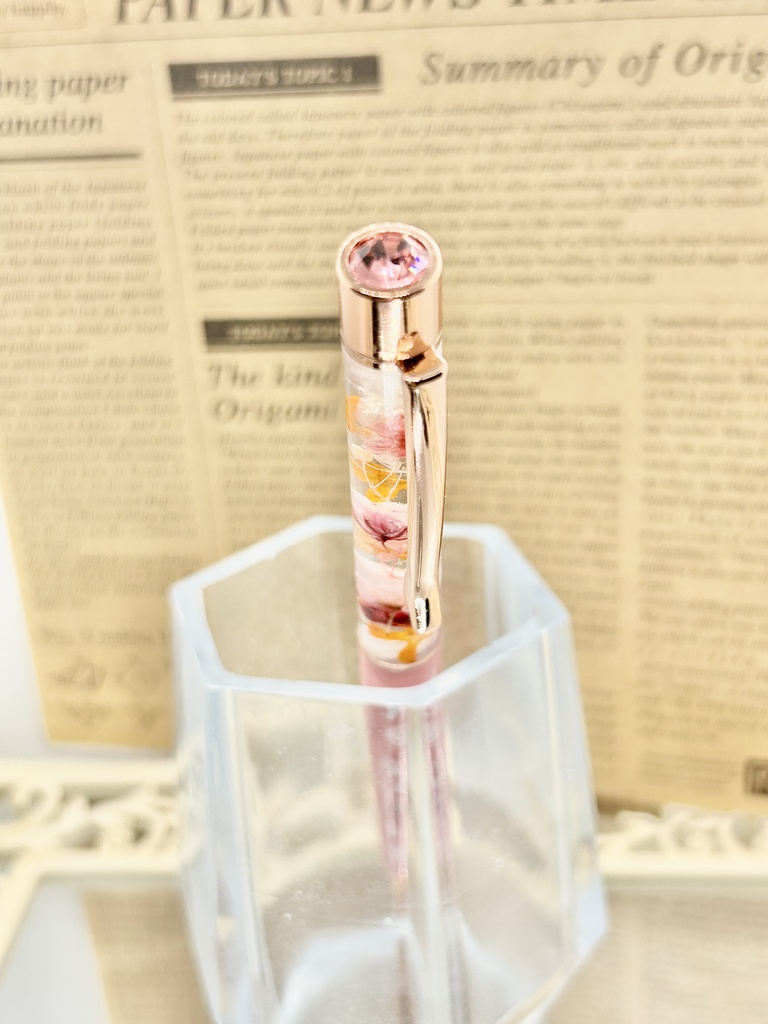 ⑮猫柄ハーバリウムボールペン本体サーモンピンク×オレンジ金木犀入りハンドメイドドライフラワー文房具筆記用具プレゼント推し色