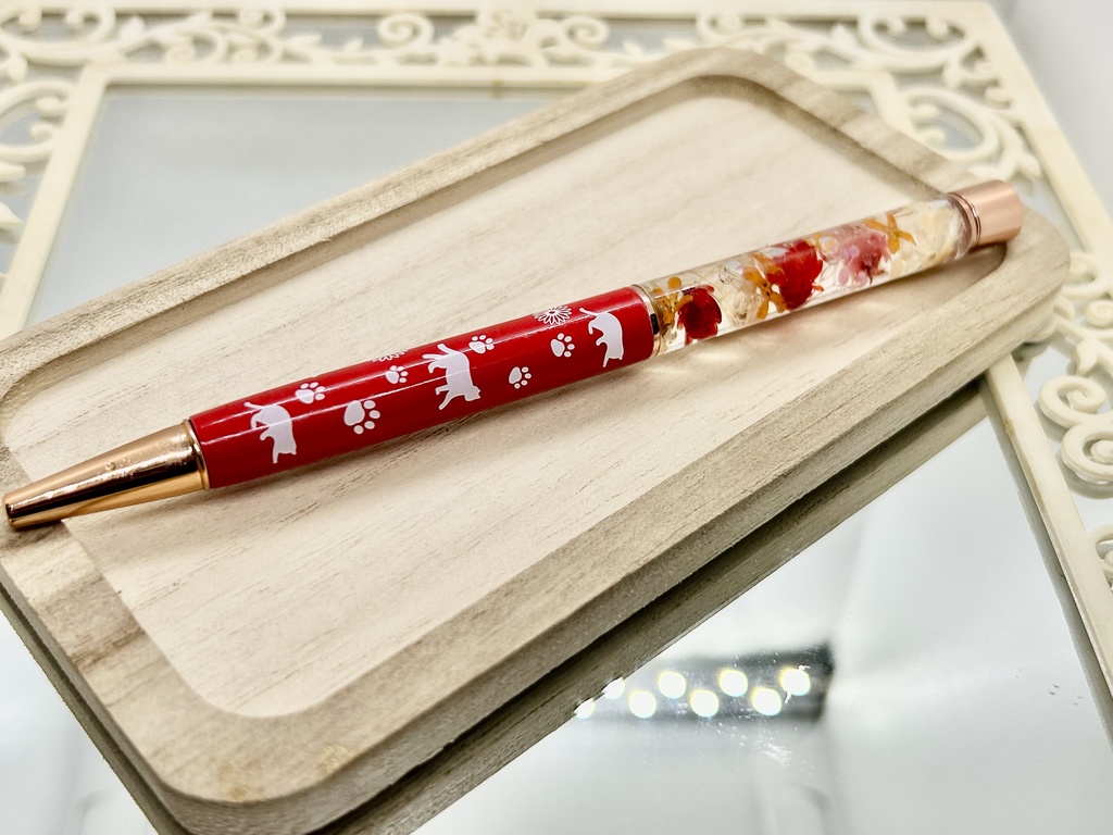 ⑱猫柄ハーバリウムボールペン本体赤×オレンジ金木犀入りハンドメイドドライフラワー文房具筆記用具プレゼント推し色