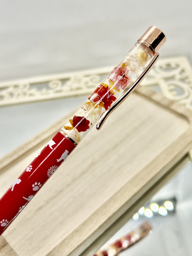 ⑱猫柄ハーバリウムボールペン本体赤×オレンジ金木犀入りハンドメイドドライフラワー文房具筆記用具プレゼント推し色