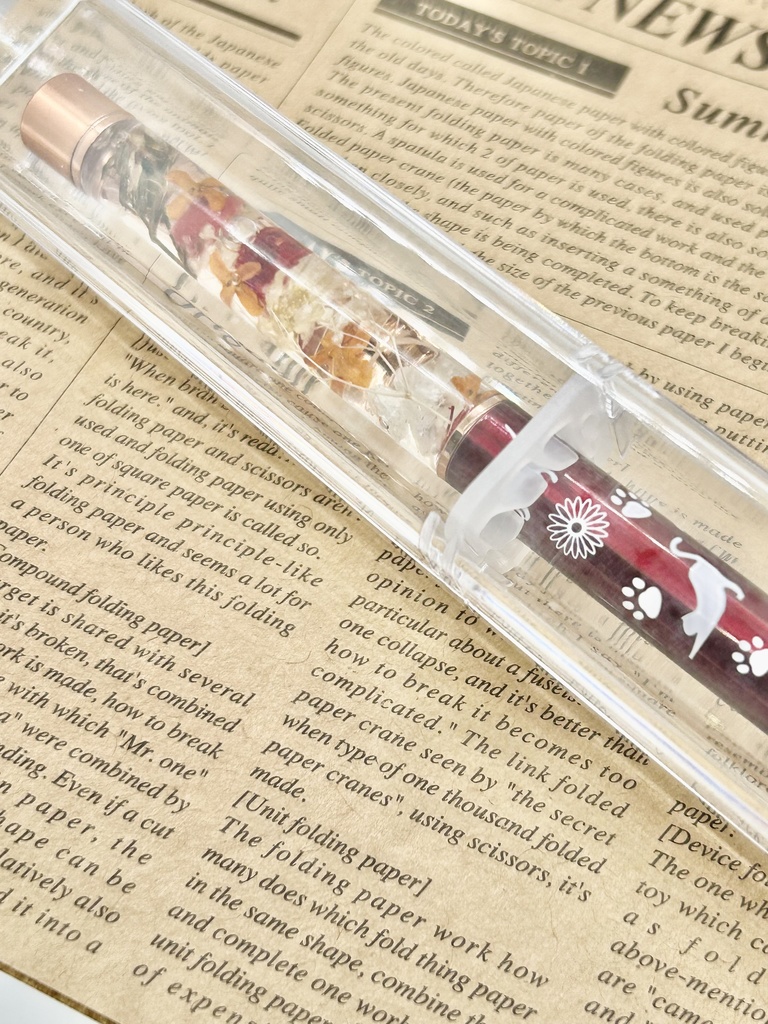 ⑲猫柄ハーバリウムボールペン本体ワインレッド×オレンジ金木犀入りハンドメイドドライフラワー文房具筆記用具プレゼント推し色