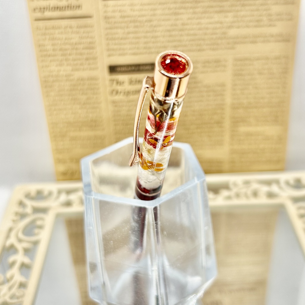 ⑲猫柄ハーバリウムボールペン本体ワインレッド×オレンジ金木犀入りハンドメイドドライフラワー文房具筆記用具プレゼント推し色