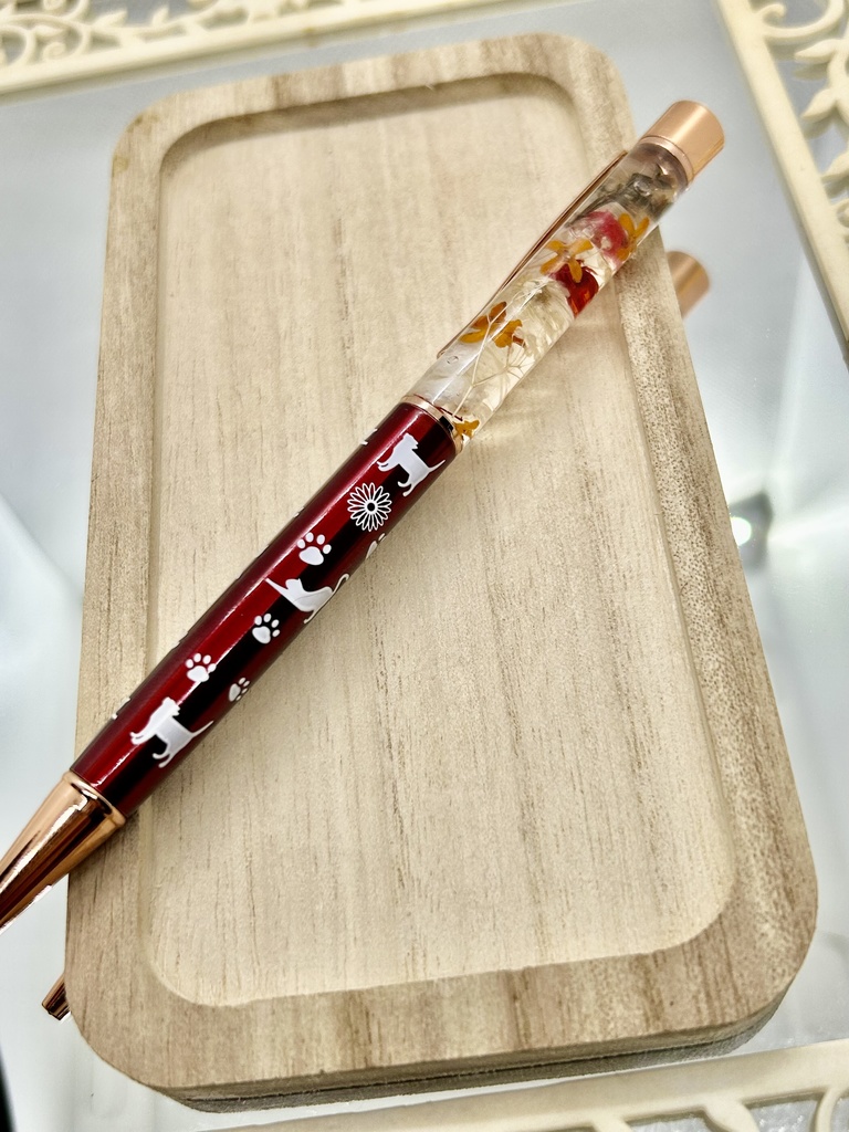 ⑲猫柄ハーバリウムボールペン本体ワインレッド×オレンジ金木犀入りハンドメイドドライフラワー文房具筆記用具プレゼント推し色