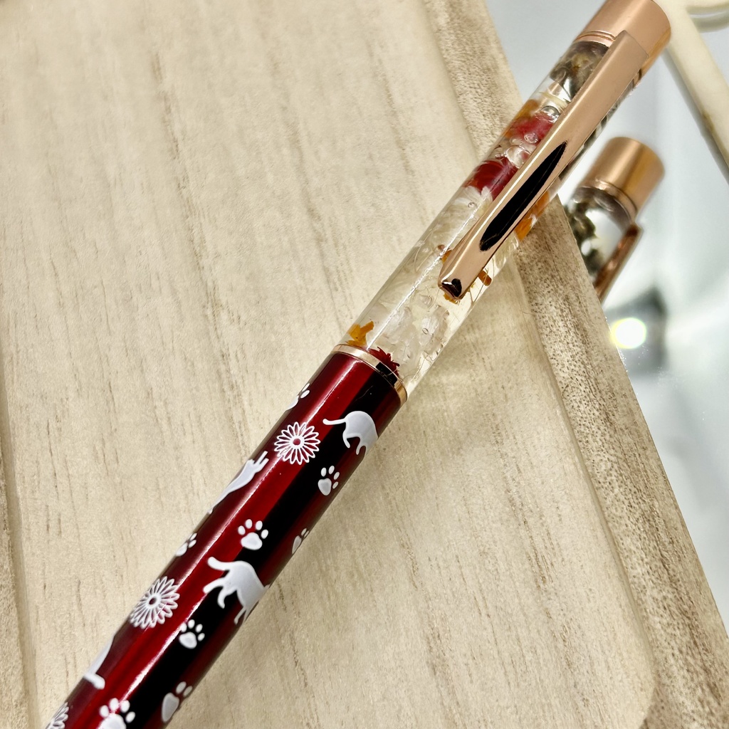 ⑲猫柄ハーバリウムボールペン本体ワインレッド×オレンジ金木犀入りハンドメイドドライフラワー文房具筆記用具プレゼント推し色