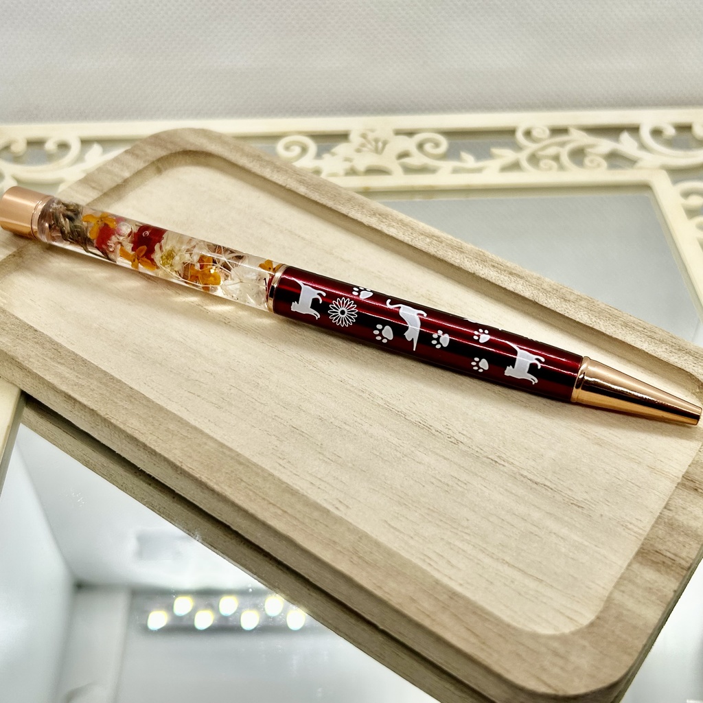 ⑲猫柄ハーバリウムボールペン本体ワインレッド×オレンジ金木犀入りハンドメイドドライフラワー文房具筆記用具プレゼント推し色