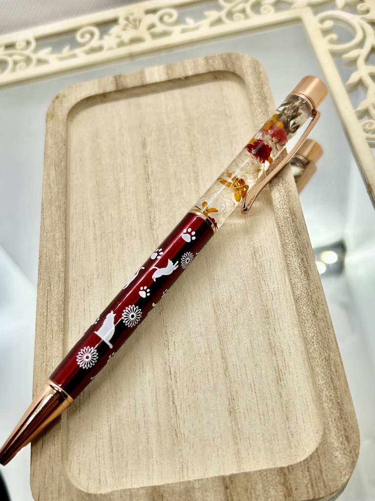 ⑲猫柄ハーバリウムボールペン本体ワインレッド×オレンジ金木犀入りハンドメイドドライフラワー文房具筆記用具プレゼント推し色