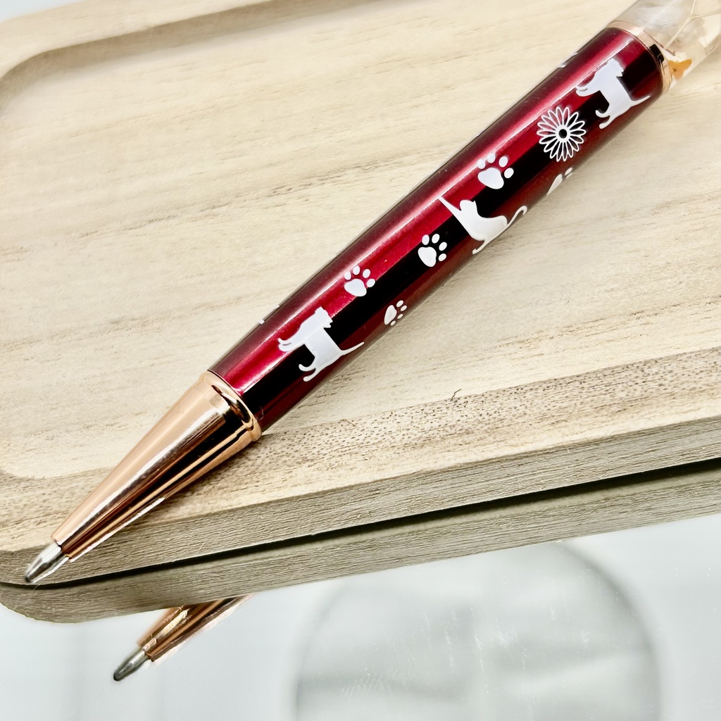 ⑲猫柄ハーバリウムボールペン本体ワインレッド×オレンジ金木犀入りハンドメイドドライフラワー文房具筆記用具プレゼント推し色
