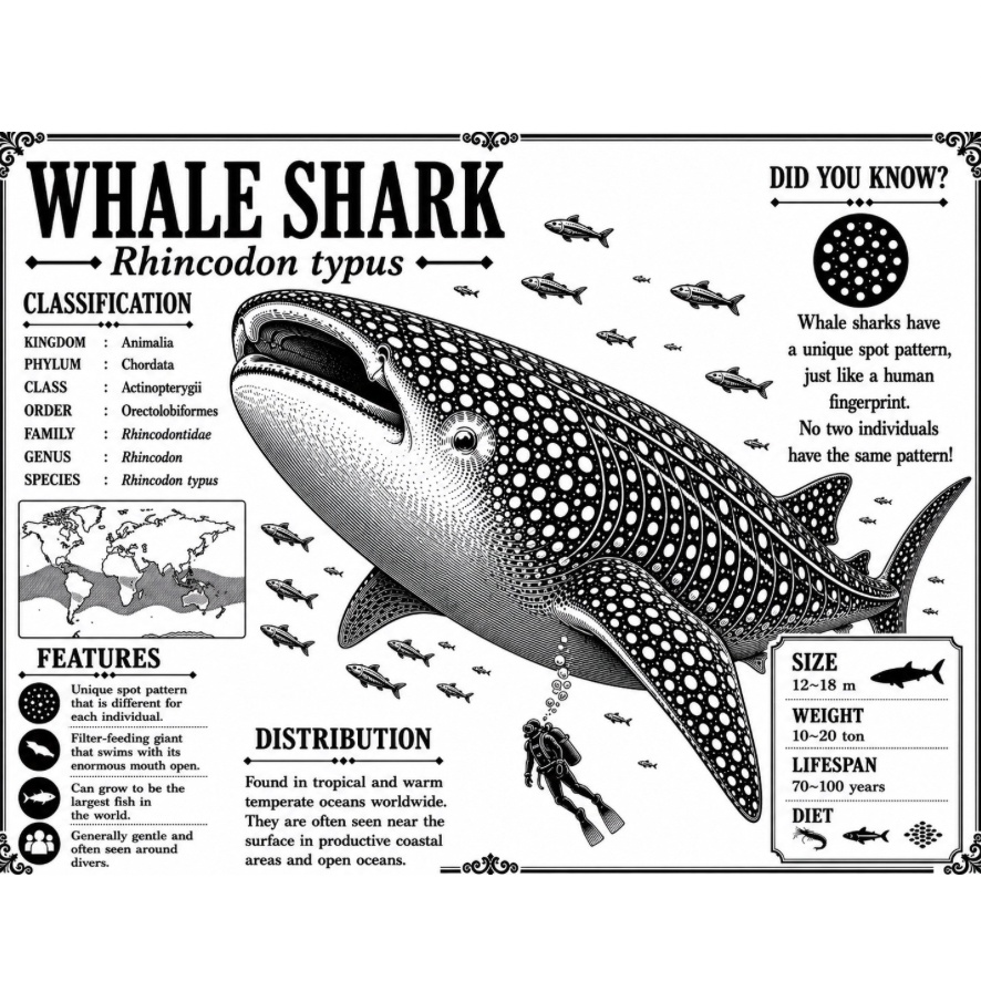 ジンベイザメ 図鑑風 木製アクセサリートレー|レーザー刻印|海の生き物インテリア|標本風デザイン
