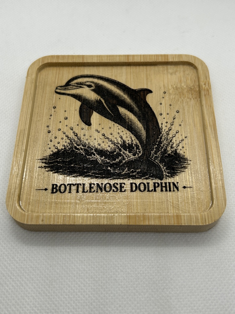 イルカ 木製コースター|レーザー刻印・竹製・ミニイーゼル付き|海の図鑑シリーズ・Bottlenose Dolphin・海の生き物・インテリア・ギフト