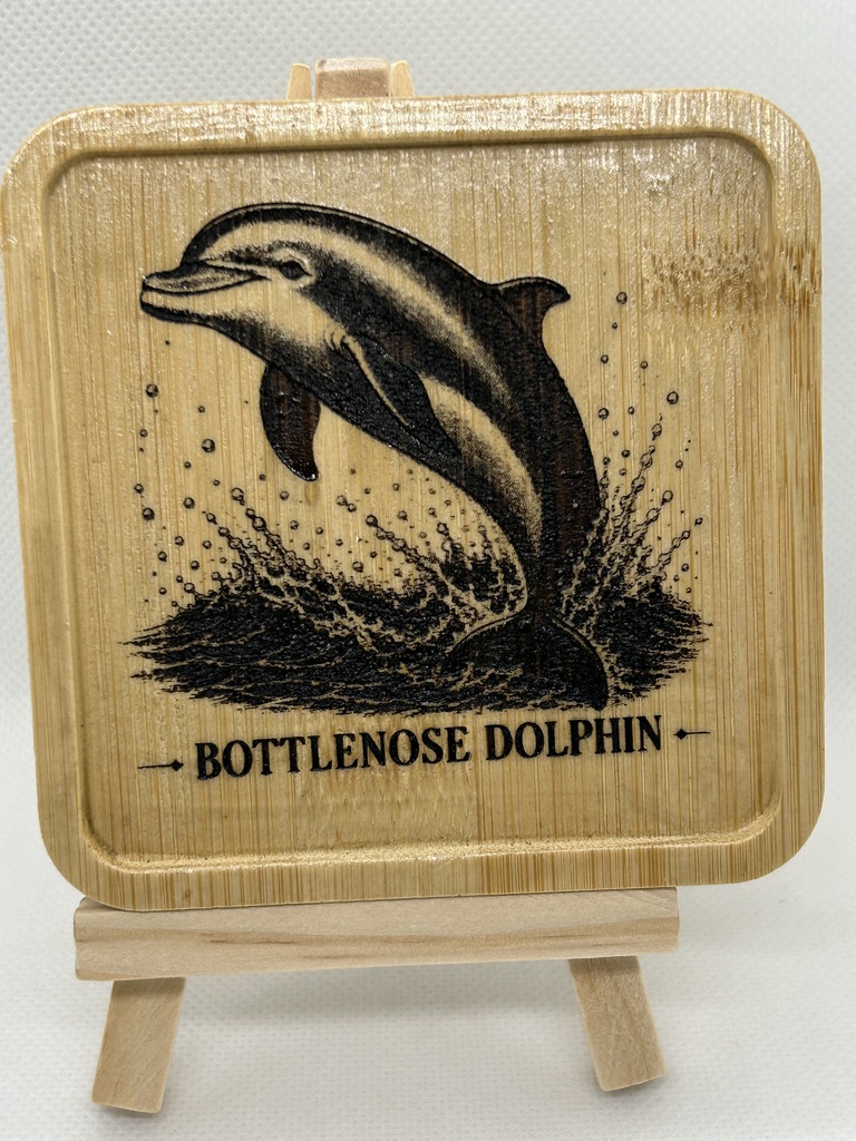 イルカ 木製コースター|レーザー刻印・竹製・ミニイーゼル付き|海の図鑑シリーズ・Bottlenose Dolphin・海の生き物・インテリア・ギフト