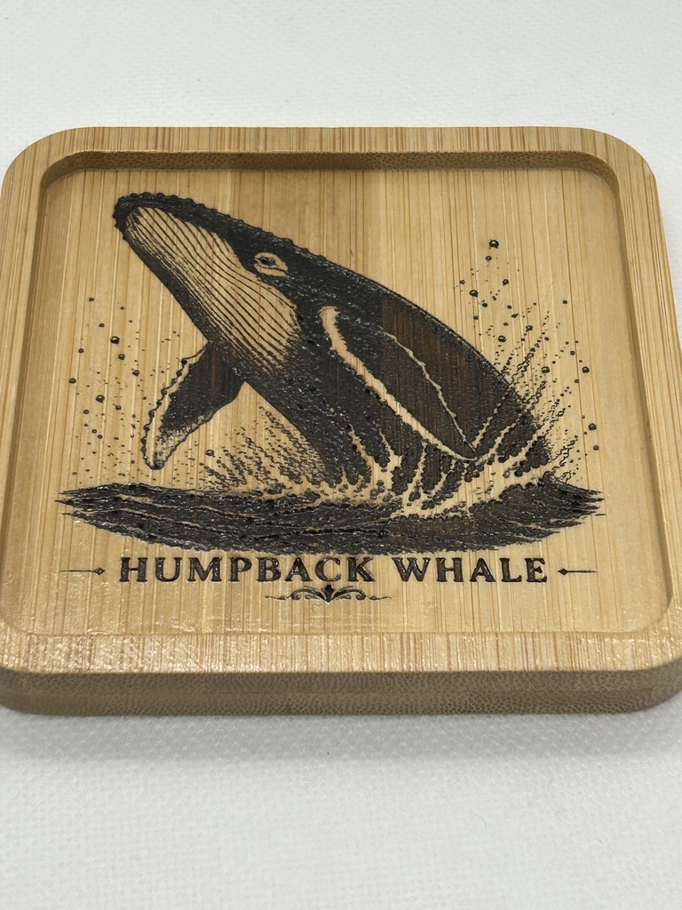 ザトウクジラ 木製コースター|レーザー刻印・竹製・ミニイーゼル付き|海の図鑑シリーズ・Humpback Whale・海の生き物・インテリア・ギフト