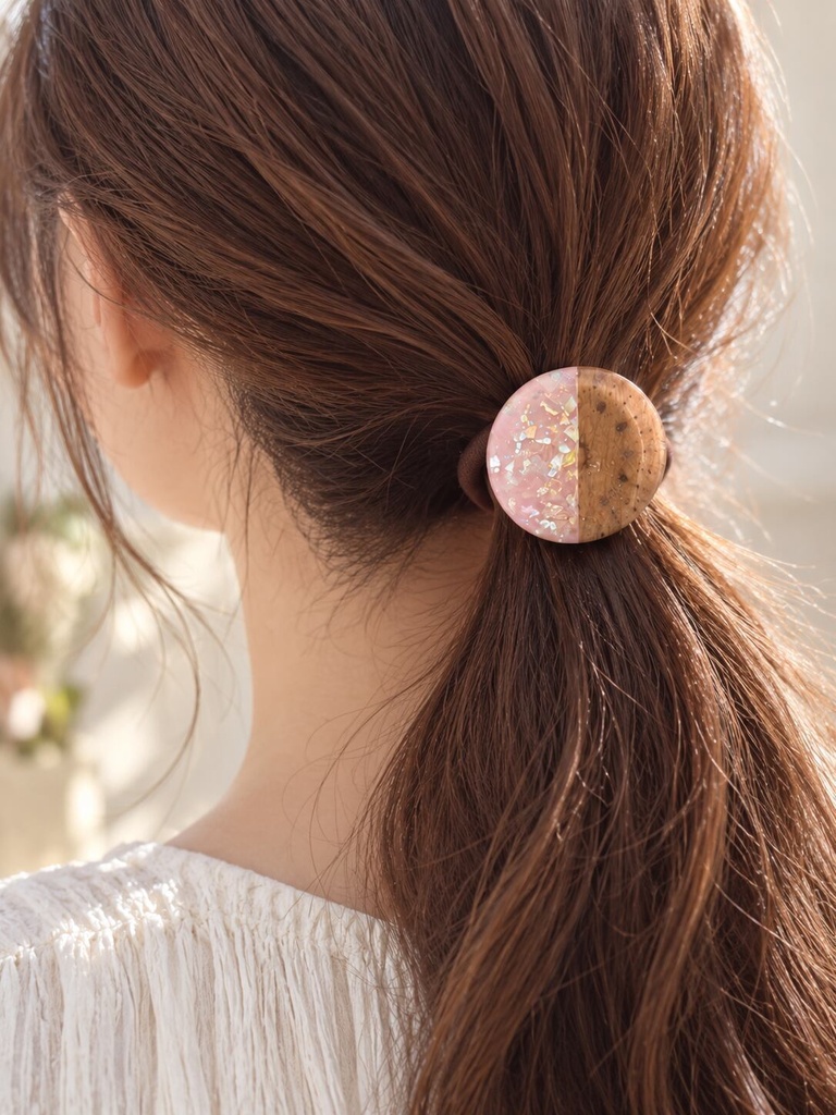 【Mirageシリーズ】ウッドレジン ヘアゴム ピンク|オーロラホロ×万華鏡柄レーザー刻印 ハンドメイド 木製アクセサリー