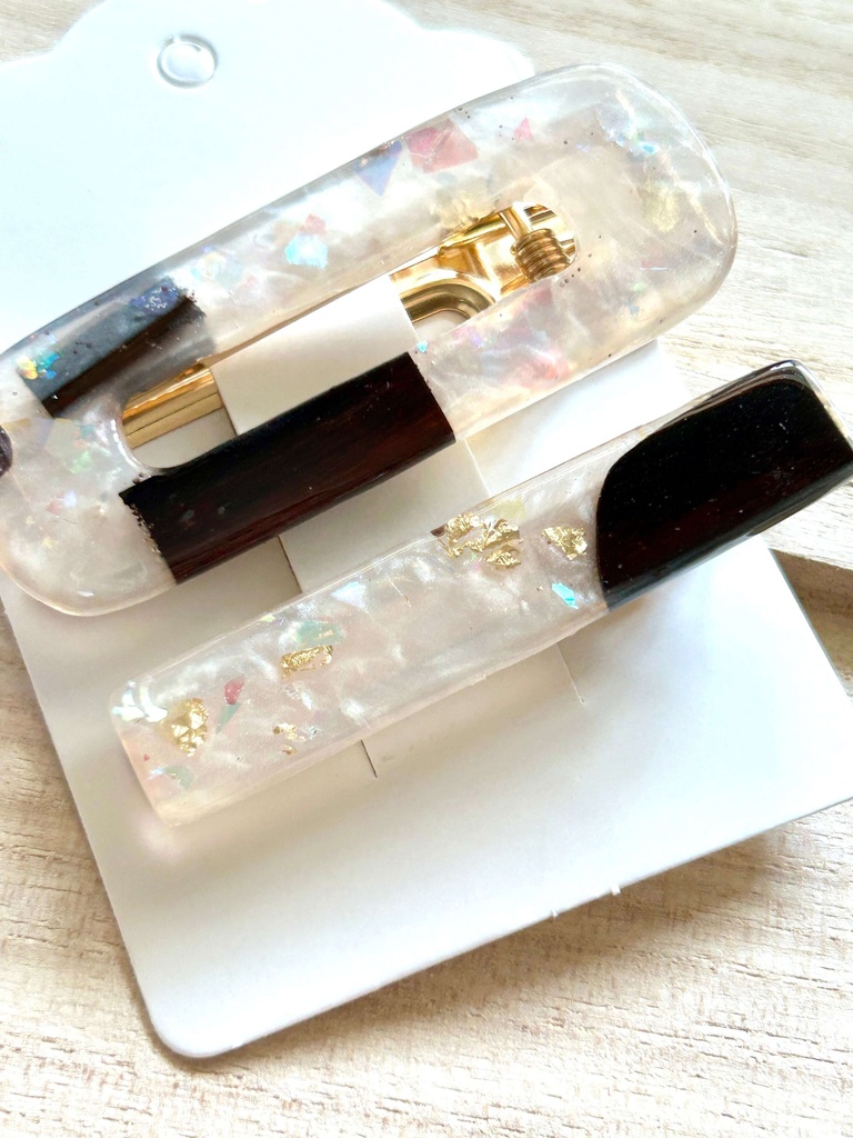 【mirageシリーズ】ウッドレジン ヘアクリップ 2本セット|ウォールナット×パールホワイト|オーロラホロ|ハンドメイド ヘアアクセサリー