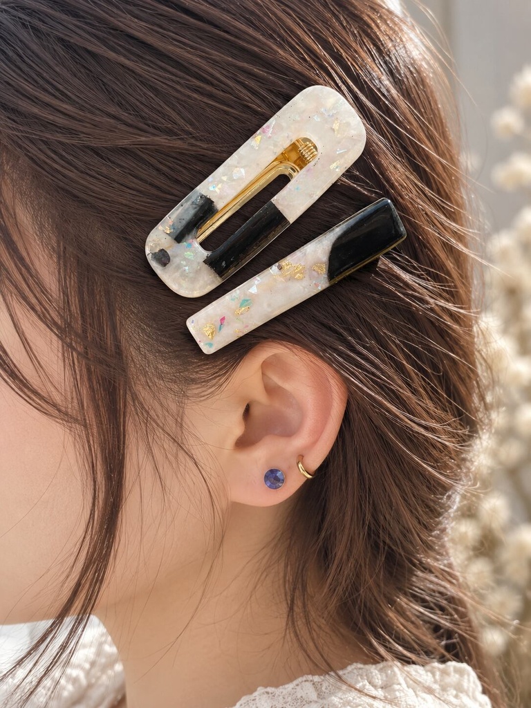 【mirageシリーズ】ウッドレジン ヘアクリップ 2本セット|ウォールナット×パールホワイト|オーロラホロ|ハンドメイド ヘアアクセサリー